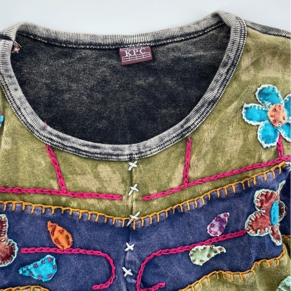 KPC Women's Moss Green Gray Artsy Boho Patchwork Long sleeve Top Size Medium - Picture 5 of 8